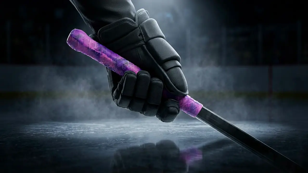 Gant de hockey qui tient un bâton muni d'un grip violet