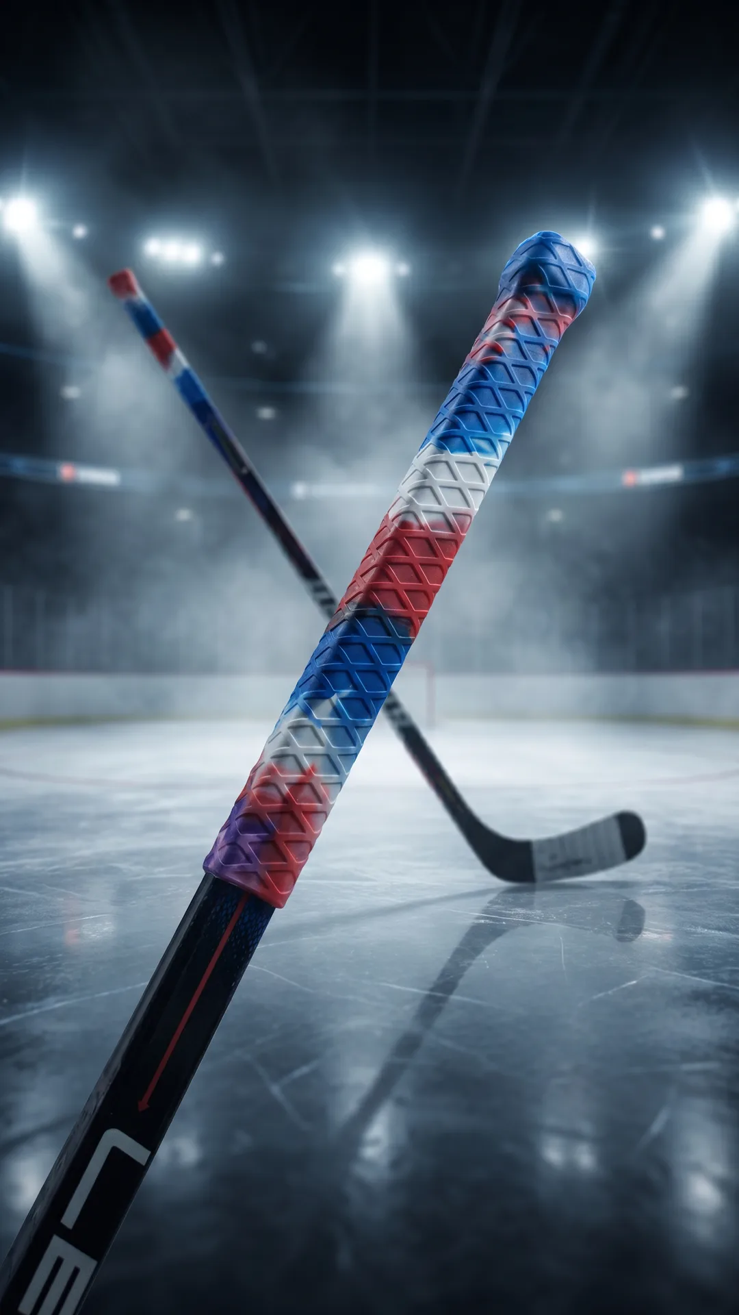 Deux bâtons de hockey croisés, munis de grips de couleur