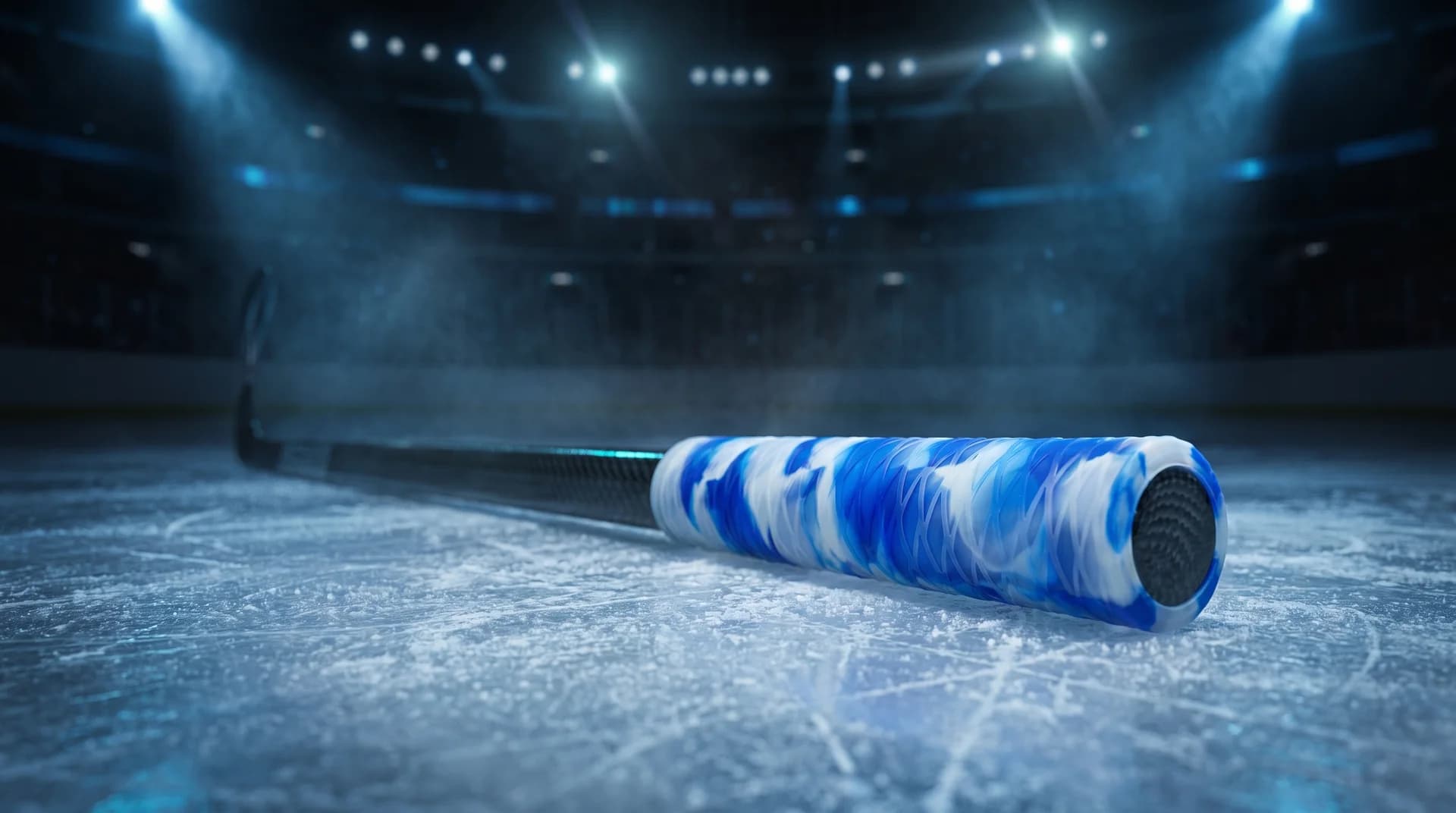 Grip bleu camouflage posé sur la glace d'un aréna